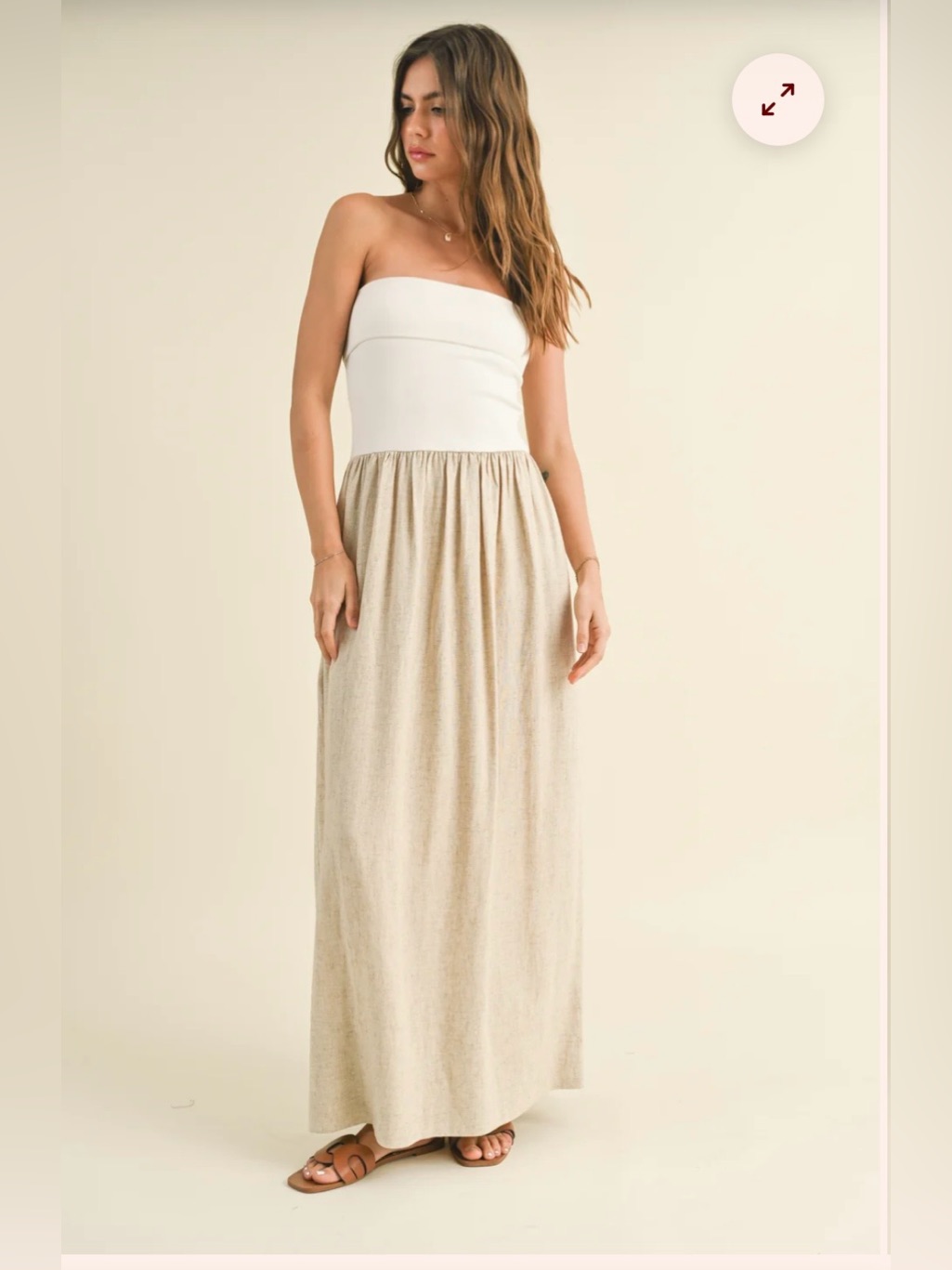 Miou Muse Strapless Two-Tone Maxi Dress - White Top, Natural Beige Skirt